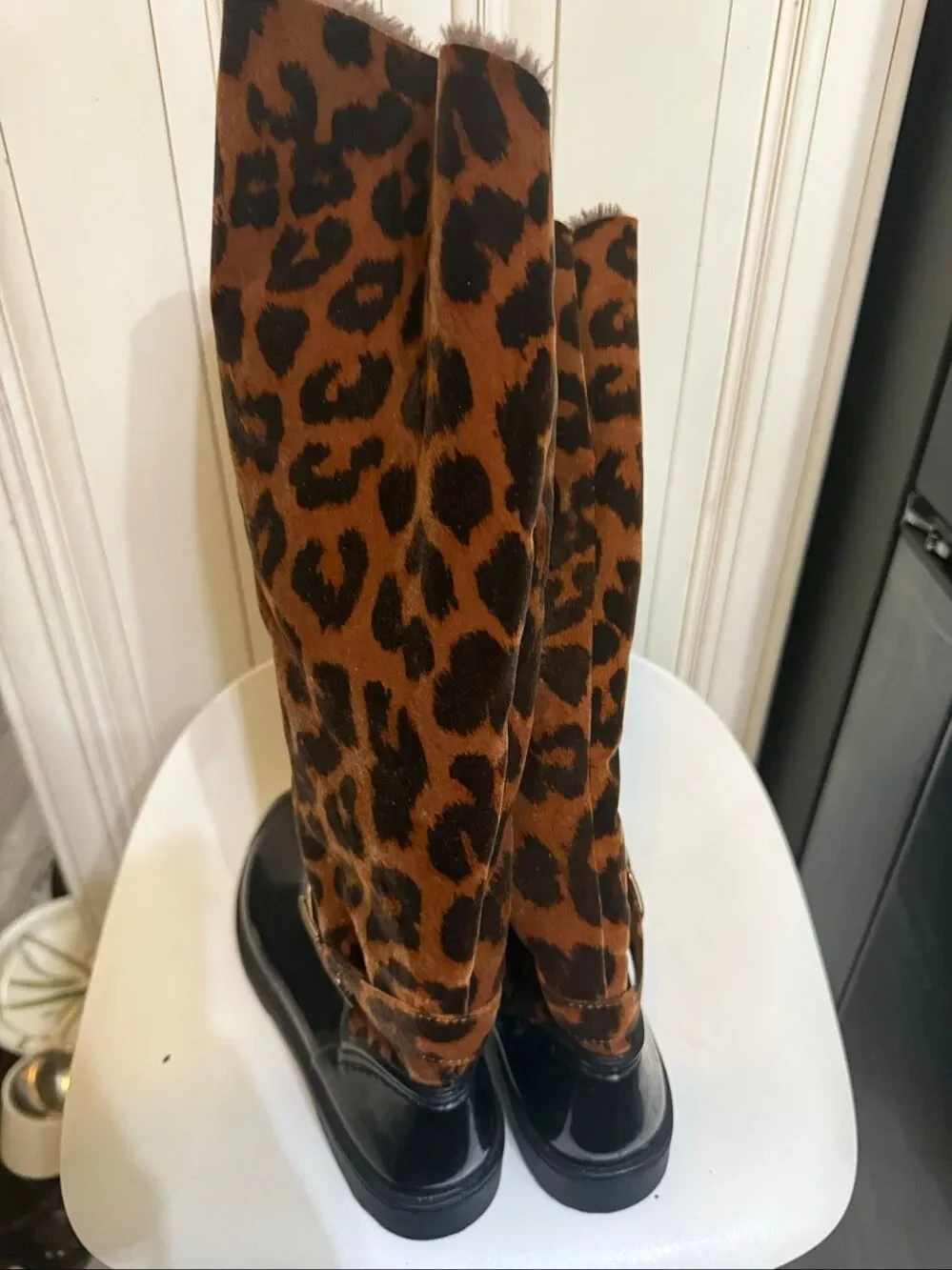 Bamboo Women's Leopard Print Mid-Calf Faux Fur Rain Boots Brown Black Size 8.5